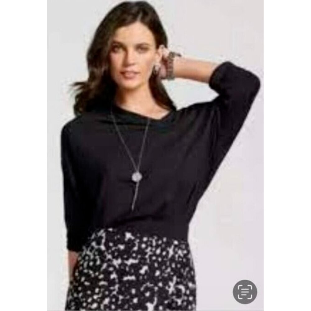 CAbi Fall Beals Top Size XS Style #3522 Black Soft Jersey Knit Asymmetrical Neck